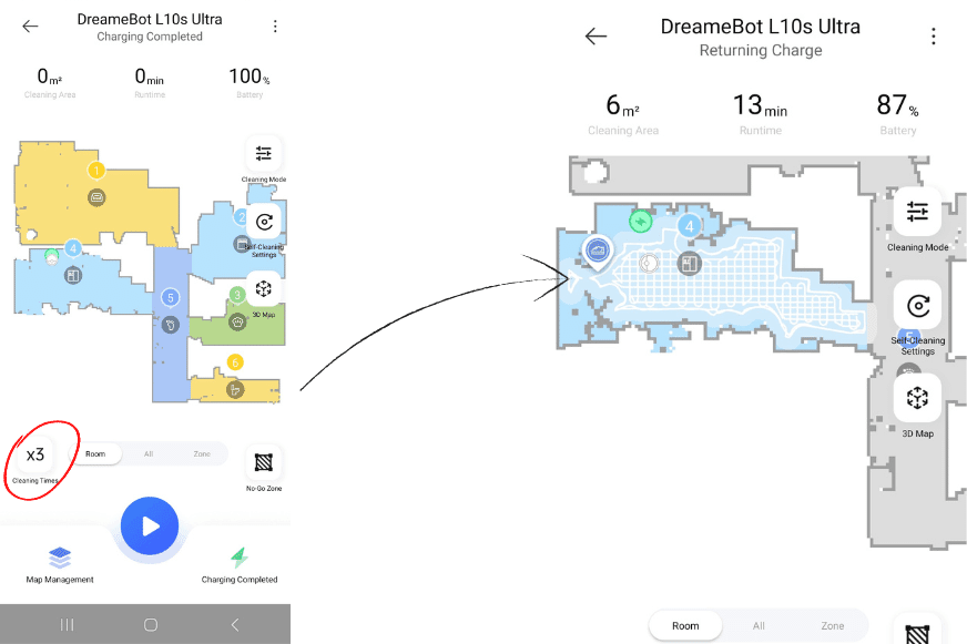 The Dreame L10s Ultra has cleaned a room 3 times.